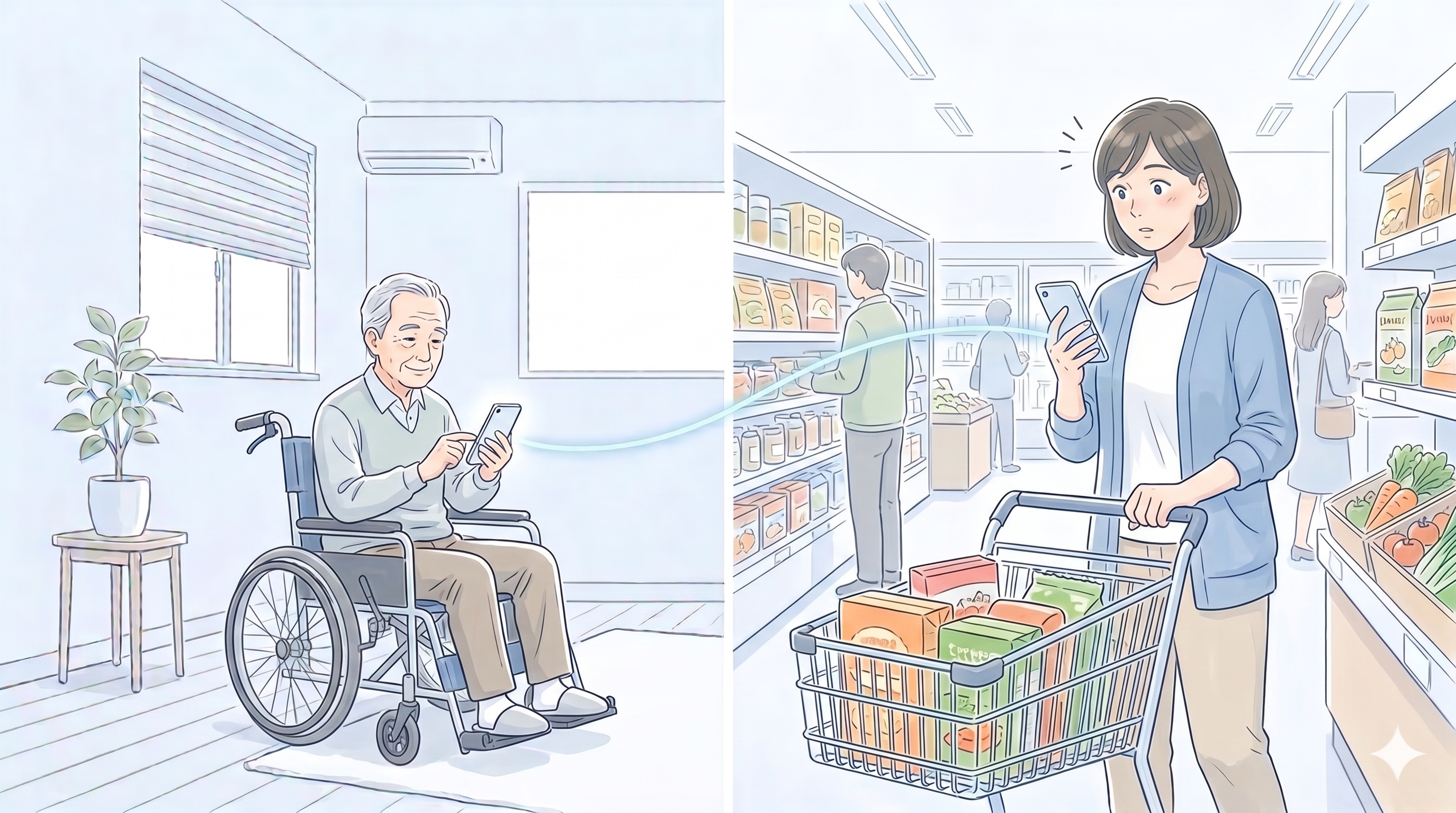 買い物中でもスマホで安心してつながるイメージ